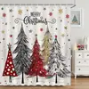 Cortina de ducha transfronteriza con coloridos patrones de estrellas y árboles de Navidad, tela para baño, instalación sin agujeros, incluye 12 ganchos