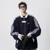 Jaqueta Esportiva Patchwork Estilo Americano para Homens, Outono Pesada Tendência Marca Versátil Casaco de Casal, High Street Legal Jaqueta de Baseball Listrada