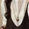 Colar Pingente Flor de Olho de Tigre de Madeira Retrô Corrente de Suéter de Toque Leve de Luxo Alto Estilo Étnico Casual Versátil