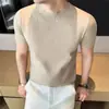 Verão 2026 Novo Masculino [Lã] Refrescante e Respirável Estilo Old Money Gola Redonda Malha Manga Curta Elástico Listrada Camiseta para Homens