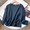 Estilo Japonês Estilo ~ Estilo Japonês Estilo 2023 Outono Novo Simples Listras Finas Cor Contrastante Gola de Uma Linha Manga Longa Solta Camiseta Básica para Mulheres