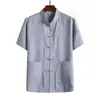Traje Tang de Manga Corta para Hombres de Mediana Edad y Mayores Verano Estilo Chino Cuello Alto Abotonado Atuendo de Papá Camisa Hanfu Holgada Estilo Chino para Abuelo