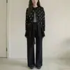 Cardigã de tricô vintage estilo francês, bolinhas cinza escuro, manga longa, para mulheres, novo top jaqueta suéter gola redonda para outono e primavera