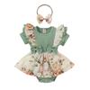 Roupas infantis Baoxi comércio exterior verão meninas manga borboleta renda manga curta laço estampa floral saia bolsa macacão fralda macacão