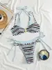 Bikini Sexy de Dos Piezas para Mujer 2026 Nuevo Transfronterizo Fresco Rayado con Cuello Halter de Atar Espalda Descubierta Push-Up