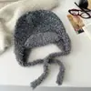 Chapéu de Pelúcia Color-Blocking em Lã Mesclada Estilo Coreano para Mulheres, Chapéu de Tricô Quente Retro Protetor de Orelha para Outono e Inverno, Chapéu Lei Feng do Nordeste