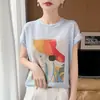 Nueva camiseta de verano de bambú con encaje, cuello redondo, fresca, versátil, con estampado de chica de moda, casual, de manga corta para mujer