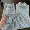 Calça de Pijama Feminina Miss Bunny Estilo Preguiçoso Floral Azul Wide-Leg Verão Caimento Fluido Casual Longa Adequada para Uso em Casa e ao Ar Livre