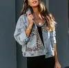 Outono e inverno transfronteiriço novo Amazon Casaco jeans feminino manga longa estação independente Casaco europeu e americano feminino top com costura de leopardo