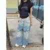 Jeans Vintage de Cintura Alta com Degradê e Perna Larga para Mulheres, Calças Casuais Retas de Comprimento Total Lavadas e Desgastadas para o Verão, Soltas e Emagrecedoras