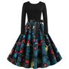 1140# foto real em estoque Amazon retrô Hepburn Natal estampa costura manga longa vestido pêndulo grande