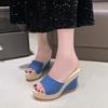 Sandalias y zapatillas de tacón alto con cuña y boca de pez de talla grande de comercio exterior de verano 2024, zapatillas de tela para mujer europeas y americanas.