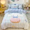 Juego de ropa de cama de cuatro piezas de algodón puro de Cinnamoroll para niños, funda de edredón, sábana, sábana bajera, faldón de cama, para dormitorio de niñas, juego de tres piezas