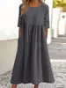 2026 Cross-Border Foreign Trade Spring and Summer New Style Round Neck 5-Quarter Sleeve Large Size Casual Loose Long Solid Color Cotton and Linen Dress