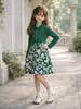 Vestido de Encaje Verde con Lazos y Estampado Floral de Retazos, Manga Larga, para Niñas de Primavera y Otoño, Ropa Infantil de Moda, Suministro Transfronterizo