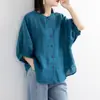 Nova Camisa de Algodão e Linho 2026 para Mulheres com Mangas Bufantes, Top Artístico Vintage, Camisa Solta de Manga Média Plus Size para Mulheres