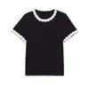 Para Ropa Europea y Americana de Mujer Transfronteriza Aliexpress Venta Caliente Verano Elegante Versátil Bloque de Color Floral Cuello Redondo Manga Corta Top de Punto