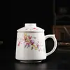 Juego de tres tazas de porcelana blanca, taza de oficina para beber té, separación de té y agua con tapa, juego de regalo para preparar té