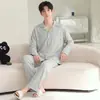 Pijama 100% Algodón para Hombre, Nuevo Otoño, Cardigan de Manga Larga y Pantalón Largo con Cuello de Solapa, Conjunto de Dos Piezas para Casa
