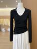 Camiseta de Manga Larga con Dobladillo Irregular y Abertura para Mujer, Nuevo Estilo Otoño, Elegante Top de Punto con Cordón, Cuello en V, Camisa Base Elegante