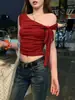 Camiseta Ombro a Ombro Estilo Desejo Puro Feminina Verão Design Sense Alça Slim Fit Curta Hot Girl Top Vermelho Nicho