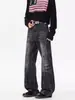 Calça Jeans Masculina de Corte Curvo Estilo Americano com Padrão de Bigode, Vibe High Street, Slim Fit, Calça Levemente Flare, Calça Masculina de Corte Reto