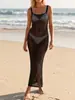 Vestido de Playa Sexy Europeo y Americano Delgado Sin Espalda Color Sólido Hueco Cubre-traje Vestido Largo Sexy