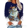 Camiseta Feminina Estampa Boneco de Neve de Natal 2025 Estilo Europeu e Americano Manga Longa Gola Redonda Solta e Macia Top Transfronteiriço