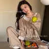 Pijama de Algodón Puro de Manga Larga con Cuello Redondo y Flores Pequeñas para Mujer, Estilo Nuevo, Dibujos Animados, Sencillo y Cómodo, Conjunto de Ropa para el Hogar para Mujer