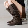 Botas Vaqueras de Tacón Grueso con Hebilla Adelgazante, Botas Altas Melard para Montar a Caballo para Mujer, Nuevo Estilo Invierno 2026 Botas Arrugadas