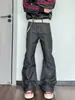 Calça Jeans Masculina Patchwork de Sarja Crua Rígida com Costura Contrastante Desconstruída Design de Nicho Perna Larga Micro Flare Curva Pequena