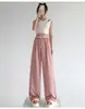 Pantalones Anchos Bloque de Color para Mujer, Verano 2026, Texturizados de Cintura Alta, Caída Suelta, Pierna Recta Larga Casual, Pantalones de Seda Hielo Finos para Mujer
