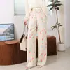 Pantalones de pijama de algodón y seda para mujer, talla grande de verano, pantalones de pierna ancha de cintura alta adelgazantes, estilo fino de primavera y otoño, pantalones de casa de algodón artificial de alta gama