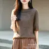 Camisa base feminina nova de malha de lã escovada, gola semi-alta, bainha enrolada sem costura, manga curta, seda-caxemira