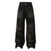 Pantalones de Pierna Ancha Rectos Rasgados Desgastados Estilo Ropa de Calle Retro Americana Desgastado Unisex Otoño Versátiles Sueltos Jeans de Moda