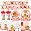 Nuevo juego de platos de papel, vasos de papel, servilletas de papel y vajilla temática de hot dogs y hamburguesas para decoración y suministros de arreglo de fiesta de cumpleaños