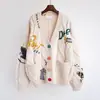 Moda Preguiçosa Estilo Suéter Bordado Mulheres Outono e Inverno 2023 Nova Carta Design Sense Loose Knitted Sweater Coat Trendy