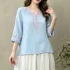 Camiseta de Algodón y Lino Bordada con Cuello en V Artístico Vintage para Mujer, Suéter Casual Holgado, Top Adelgazante