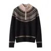 Elegante Elegante ~ Tejido 100% Cachemira Pura para Mujer, de Alta Gama, con Media Cremallera y Cuello Alto, Tejido Jacquard Fair Isle