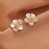 Pendientes de flor de concha de imitación con microdiamante y pasador de plata S925, pendientes de diseño nicho, pendientes de alta gama, pendientes de flor, mujer