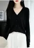 Casaco suéter fino de tricô fino, cor sólida, versátil, casual solto, manga dobrada, gola V, feminino, lã, solúvel em água