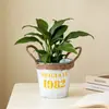 Vaso de flores estilo vintage com acabamento desgastado e alça de corda de juta, balde de metal redondo para plantas de interior, pequeno recipiente para flores e balde de armazenamento