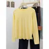Camiseta básica de punto color verde menta para mujer, estilo coreano otoño e invierno, color liso, manga larga, top interior suave y acogedor