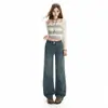 Jeans Retro Azul Stretch de Cintura Alta Wide-Leg para Mulheres, Novas Calças Retas Slim-Fit com Efeito Drapeado