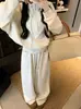 Conjunto de duas peças de moletom casual de cintura alta e calça para outono, conjunto emagrecedor estilo preguiçoso, conjunto soltinho com cordão e mangas compridas