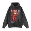 Sudadera unisex estilo anime japonés para otoño e invierno, con estampado de personaje vibrante, efecto desgastado lavado, hombros caídos, corte oversized, moda urbana
