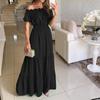 AliExpress cross-border europeu e americano comércio exterior novo verão gola de uma palavra manga curta longo feminino 7 cores vestido plissado feminino