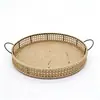 Cesta de armazenamento redonda de rattan natural, tecida à mão, com alça, bandeja para armazenamento de frutas e lanches, bandeja de armazenamento para itens diversos de mesa