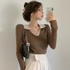 2022 Otoño e Invierno Nueva Ropa de Punto Manga Larga Elegante Nicho Francés Top para Mujer Estilo Chanel Cuello Polo con Cuello en V Manga Larga