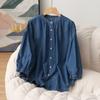 Primavera e Verão Novo Estilo Gola Alta Jeans Manga Três Quartos Design de Camisa, Simples, Solto, Versátil, Tops Casuais Emagrecedores Atacado